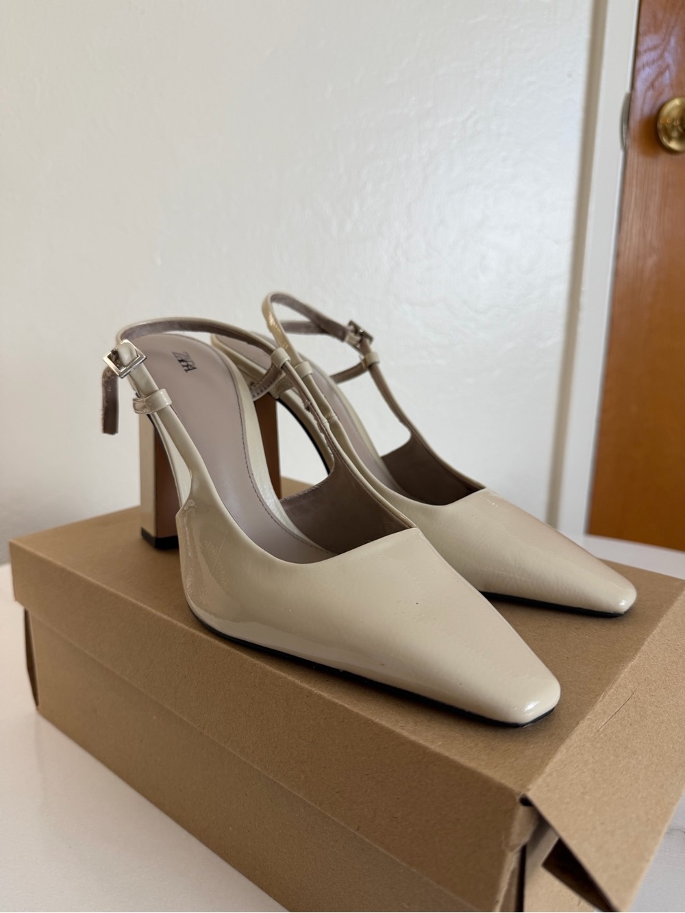 Zara Cream Pointed Toe Slingback Block Heels